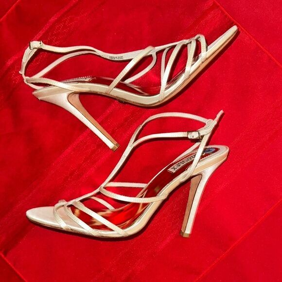 Badgley Mischka Cream Strappy Heels for Formal Elegance-Gold Heel-Size 10 - Picture 7 of 9